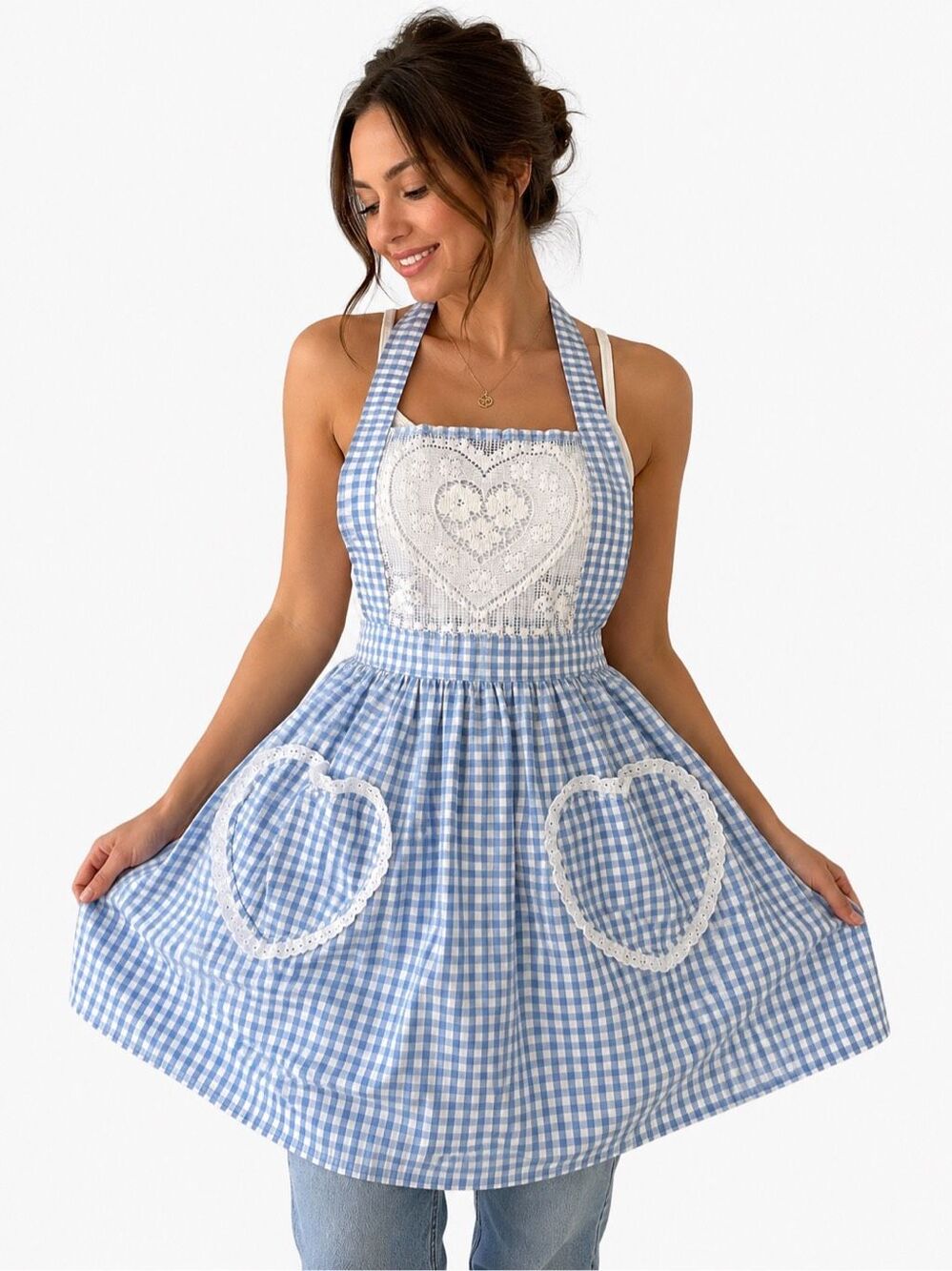 Vintage Blue Gingham Heart Pocket Lace Handmade Cottagecore Apron One Size
